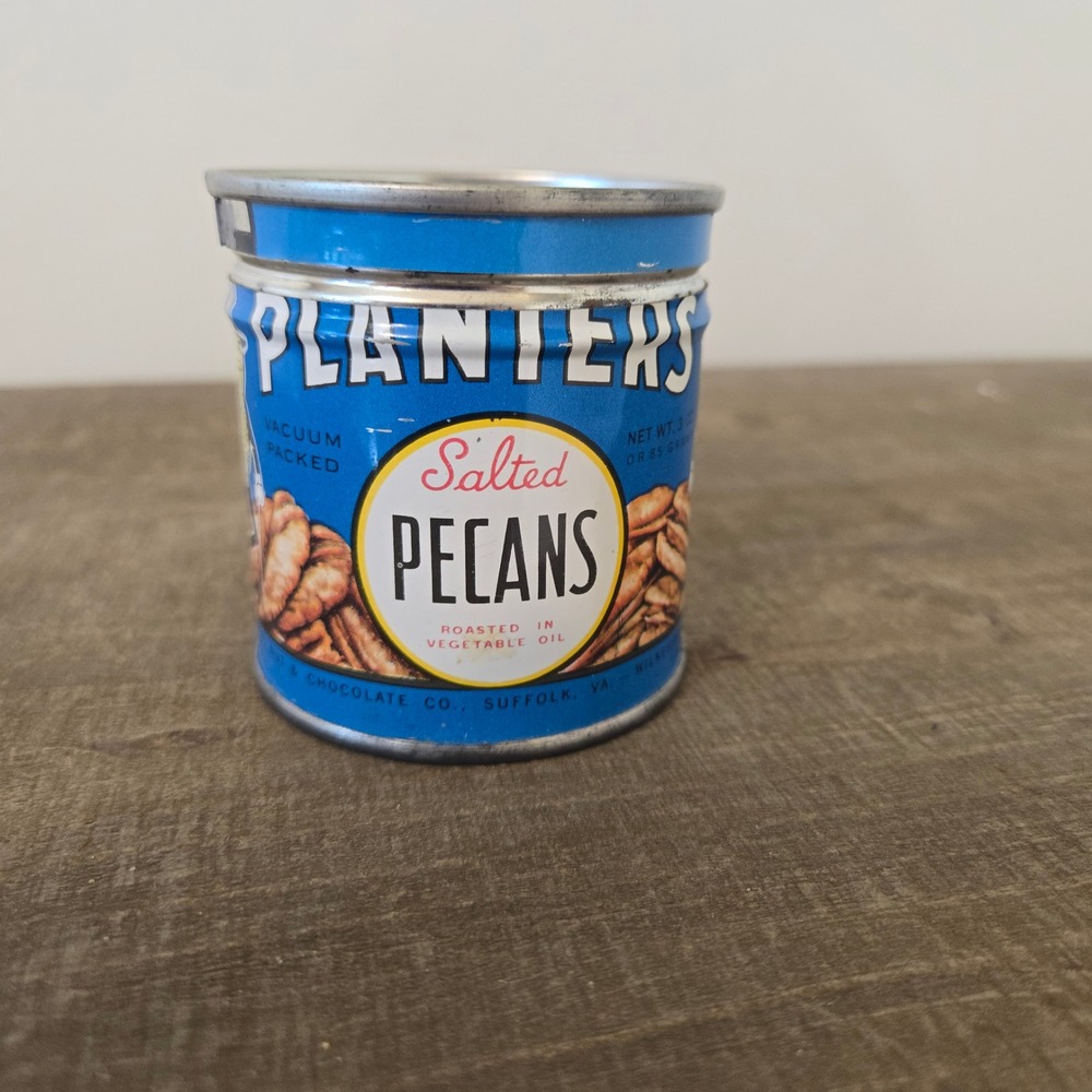 Vintage 1944 Planters Salted Pecans Tin Mr Peanut 3oz Blue Advertising